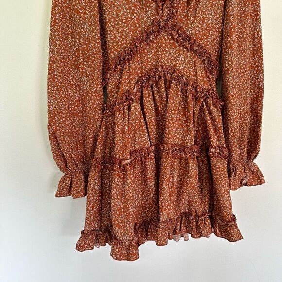 Lulus Women’s Admire You Rust Orange Printed Micro Floral Ruffle Detail Long-sle - Picture 8 of 12